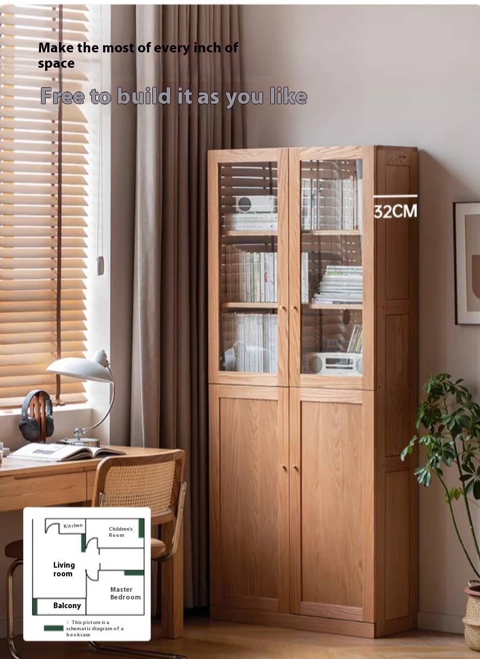 Oak, Rubberwood Solid Wood Bookcase With Glass Doors