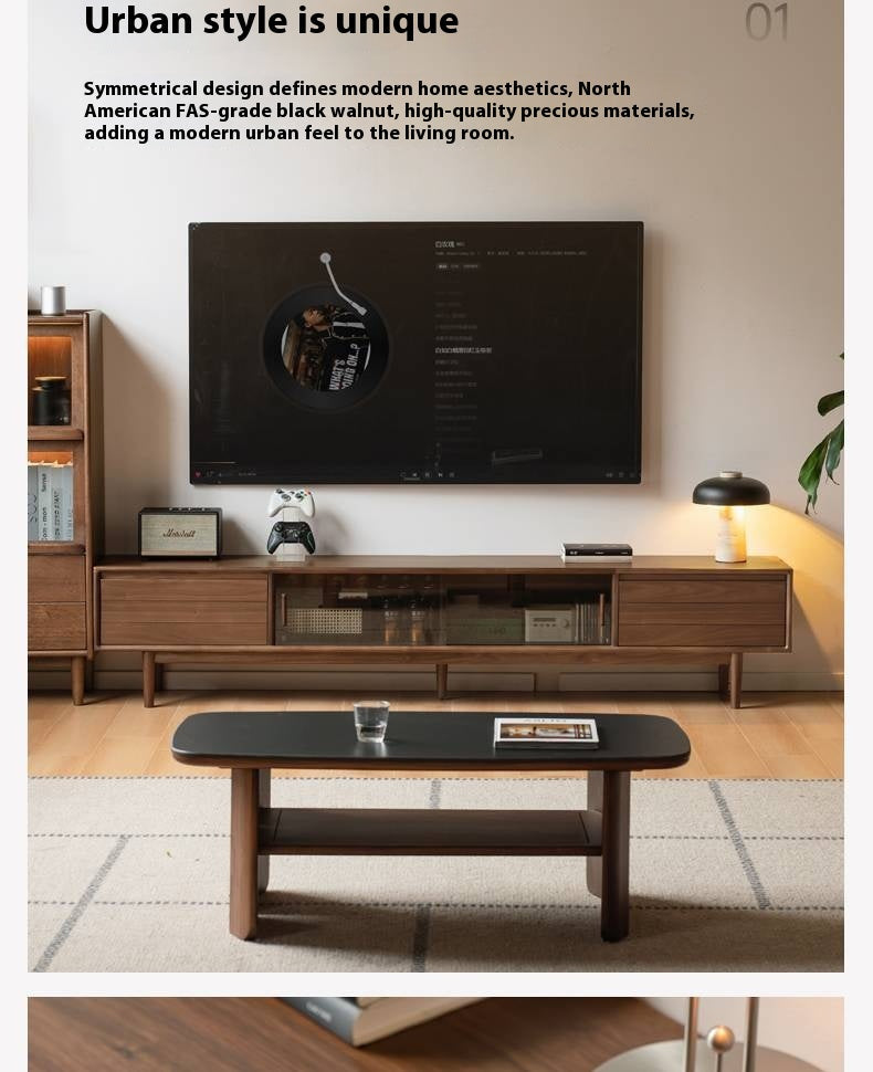 Black Walnut Solid Wood Sliding Doors TV Cabinet