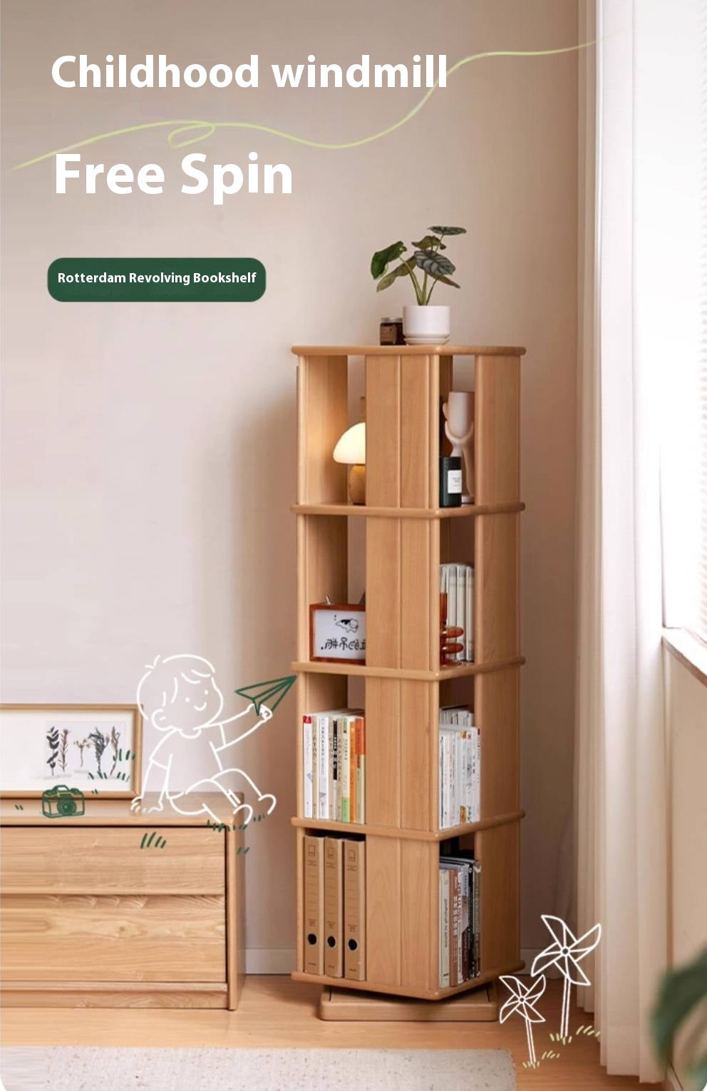 Beech Solid Wood Rotating Bookshelf
