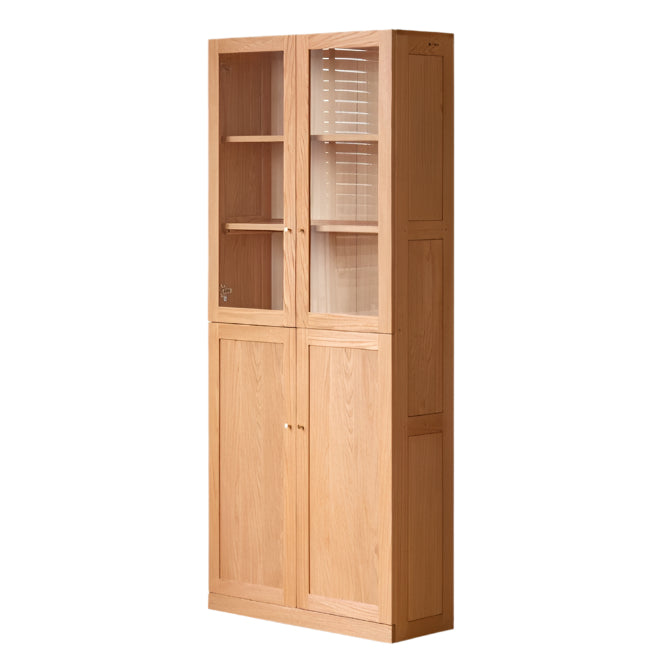 Oak, Rubberwood Solid Wood Bookcase With Glass Doors