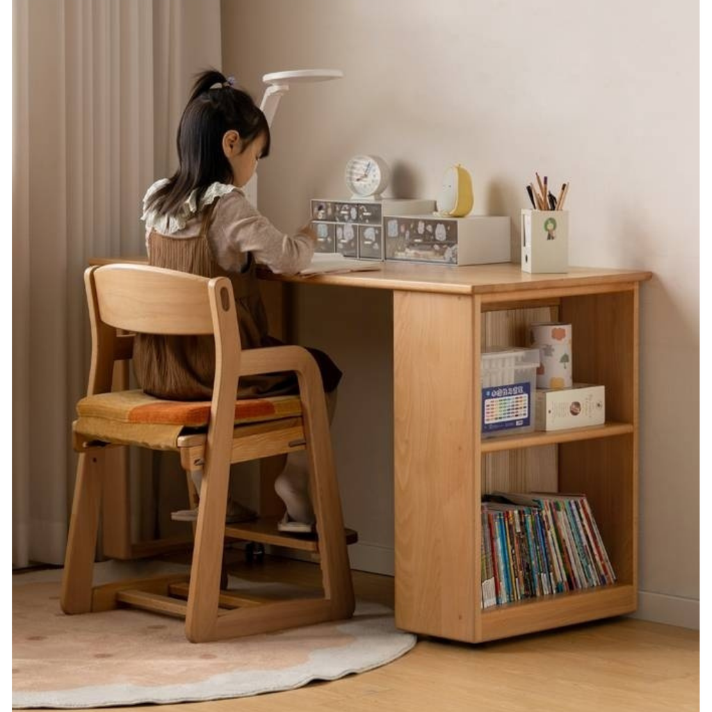 Beech Solid Wood Children's Desk with Pulleys Movable Storage