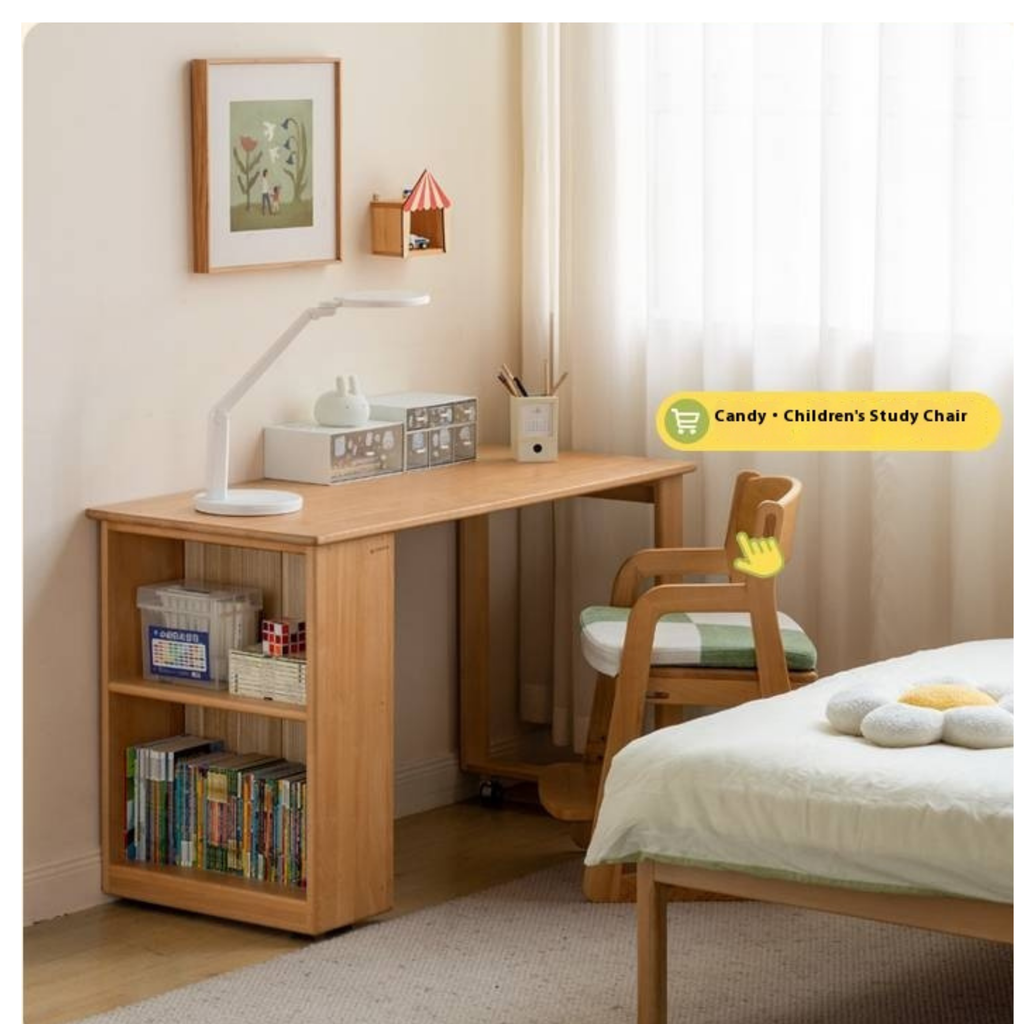 Beech Solid Wood Children's Desk with Pulleys Movable Storage
