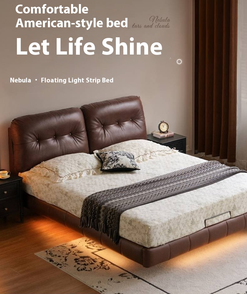 Leather American Retro Bed With Light