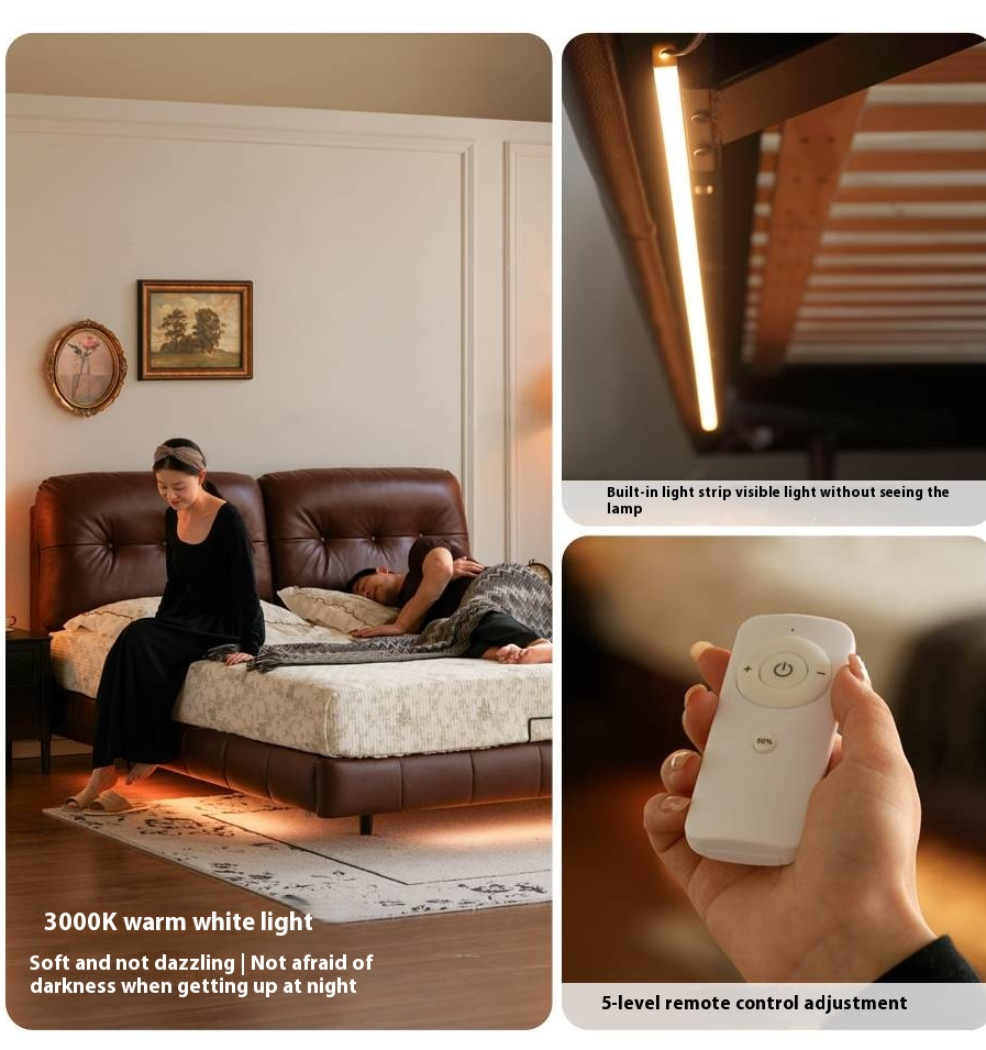 Leather American Retro Bed With Light