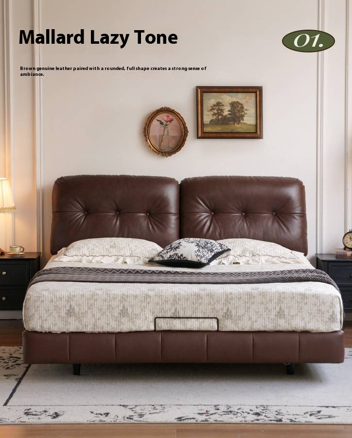 Leather American Retro Bed With Light