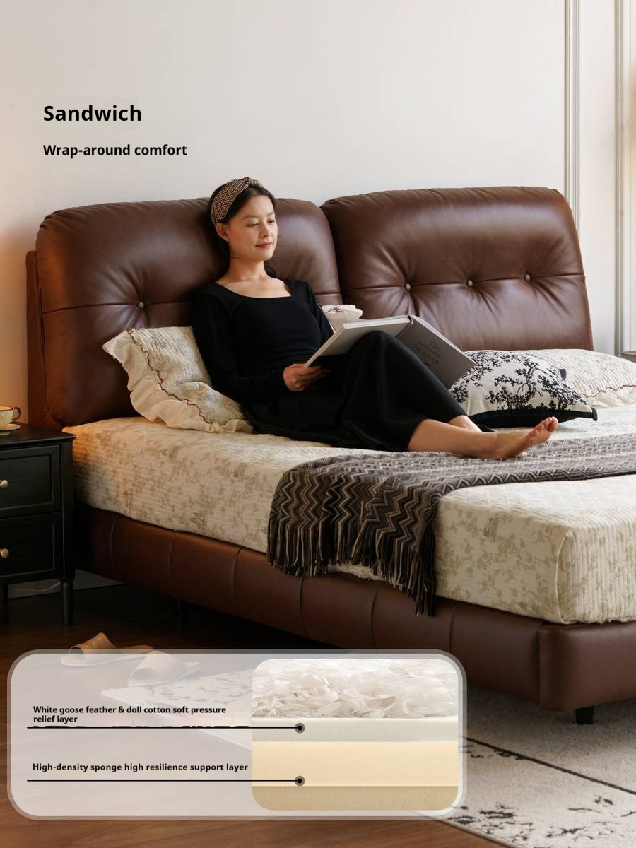 Leather American Retro Bed With Light