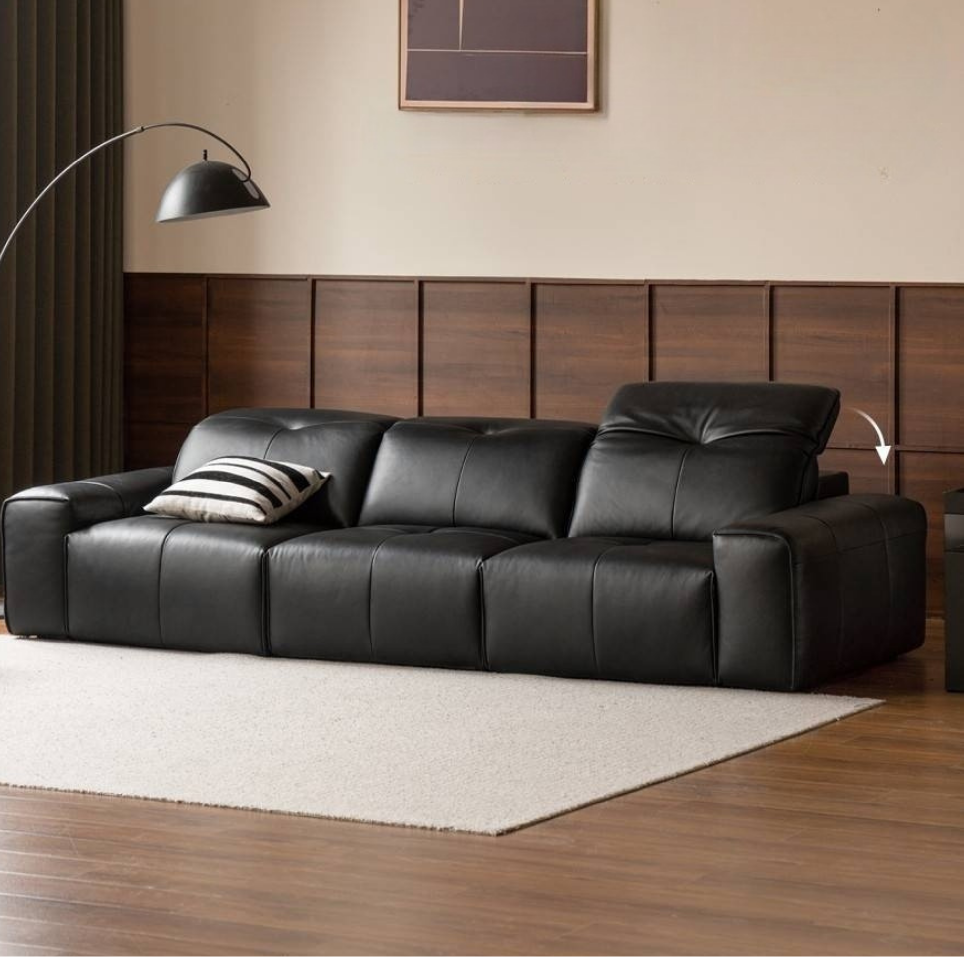 Leather Black High Back Straight Sofa