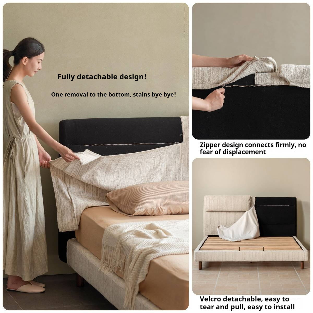 Fabric Beige Soft Bed Modern Style