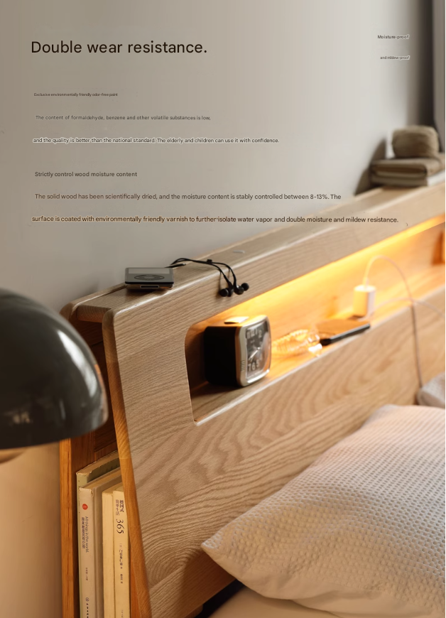 Oak solid wood bed with light and bookshelf