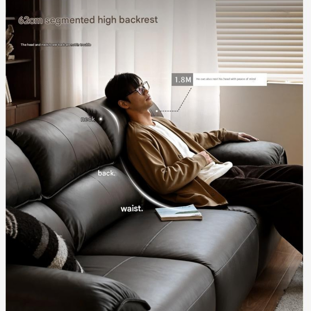 Leather Italian Light Luxury Black Straight Line Sofa.