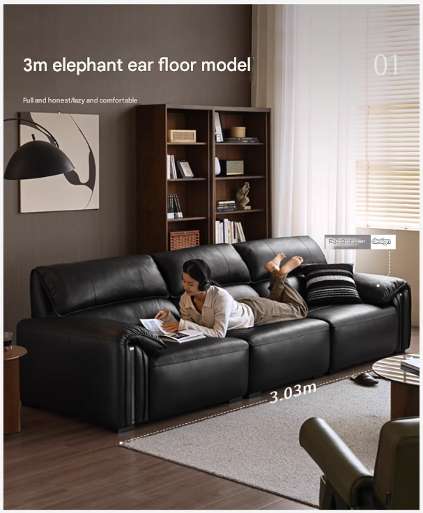 Leather Italian Light Luxury Black Straight Line Sofa.