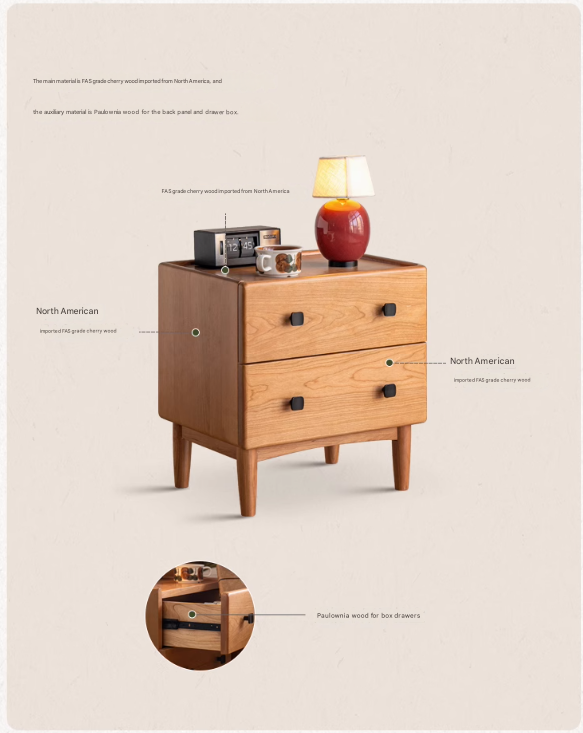 Cherry Solid Wood Retro Two Drawn Nightstand