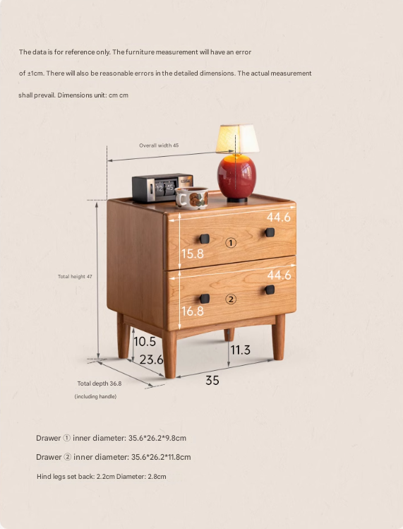 Cherry Solid Wood Retro Two Drawn Nightstand