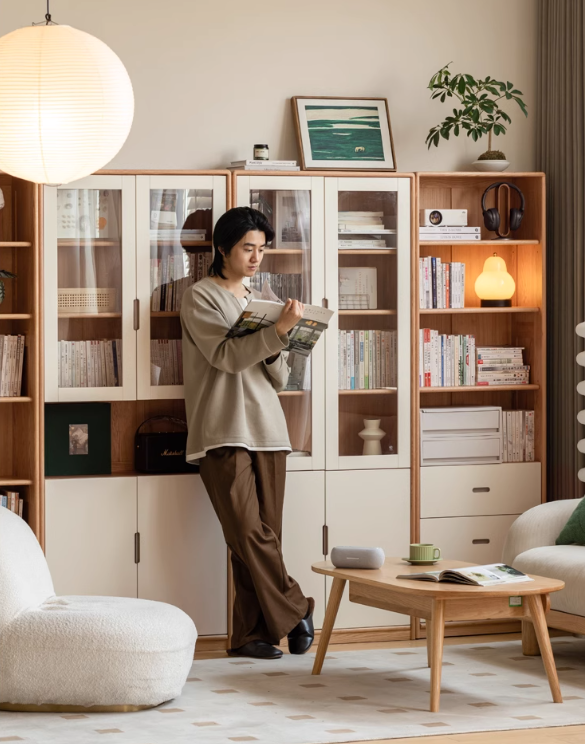 Oak Solid Wood Bookcase Storage Style Floor High