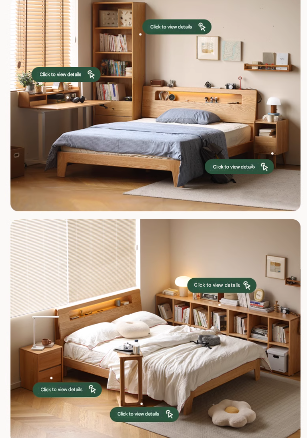 Oak solid wood bed with light and bookshelf