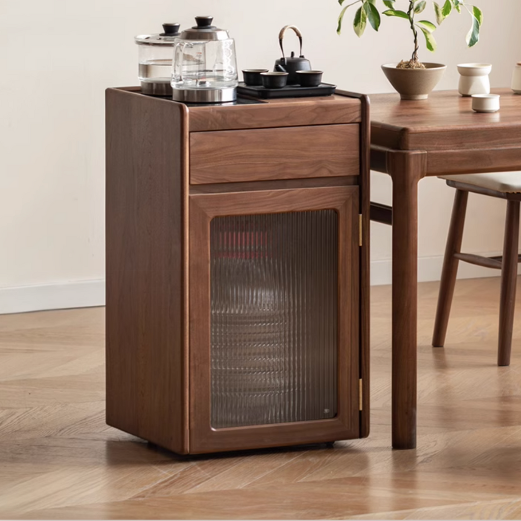 Black Walnut, Oak Solid Mobile Wood Tea Cabinet