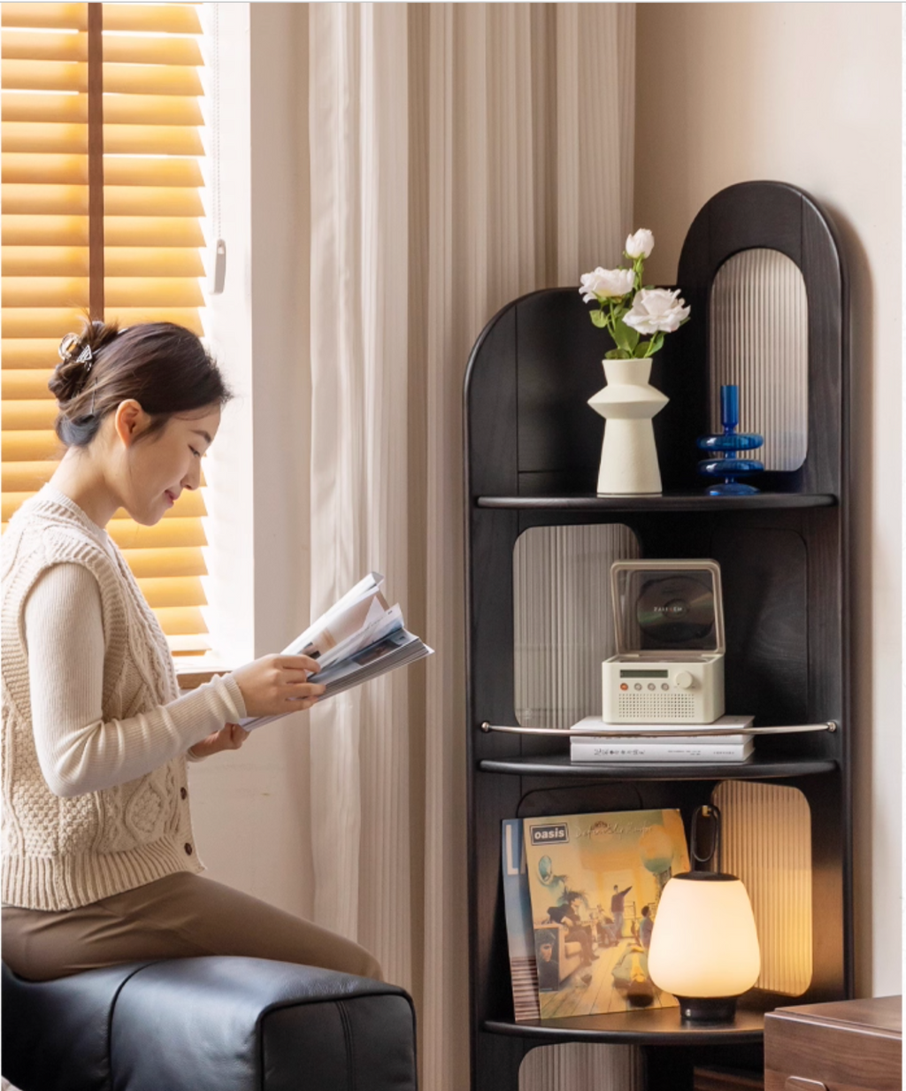 Oak Solid Wood Bauhaus Style Wall Mounted Corner Bookshelf