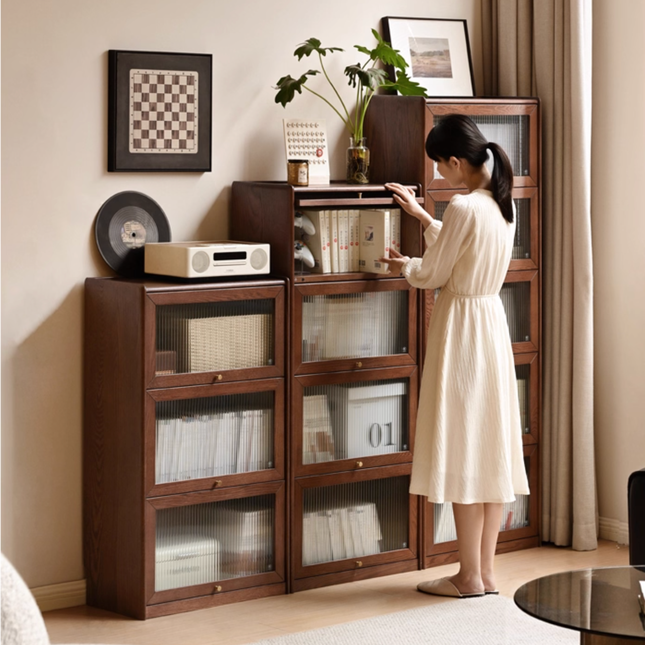 Oak Solid Wood Modern Glass Bookcase Combination