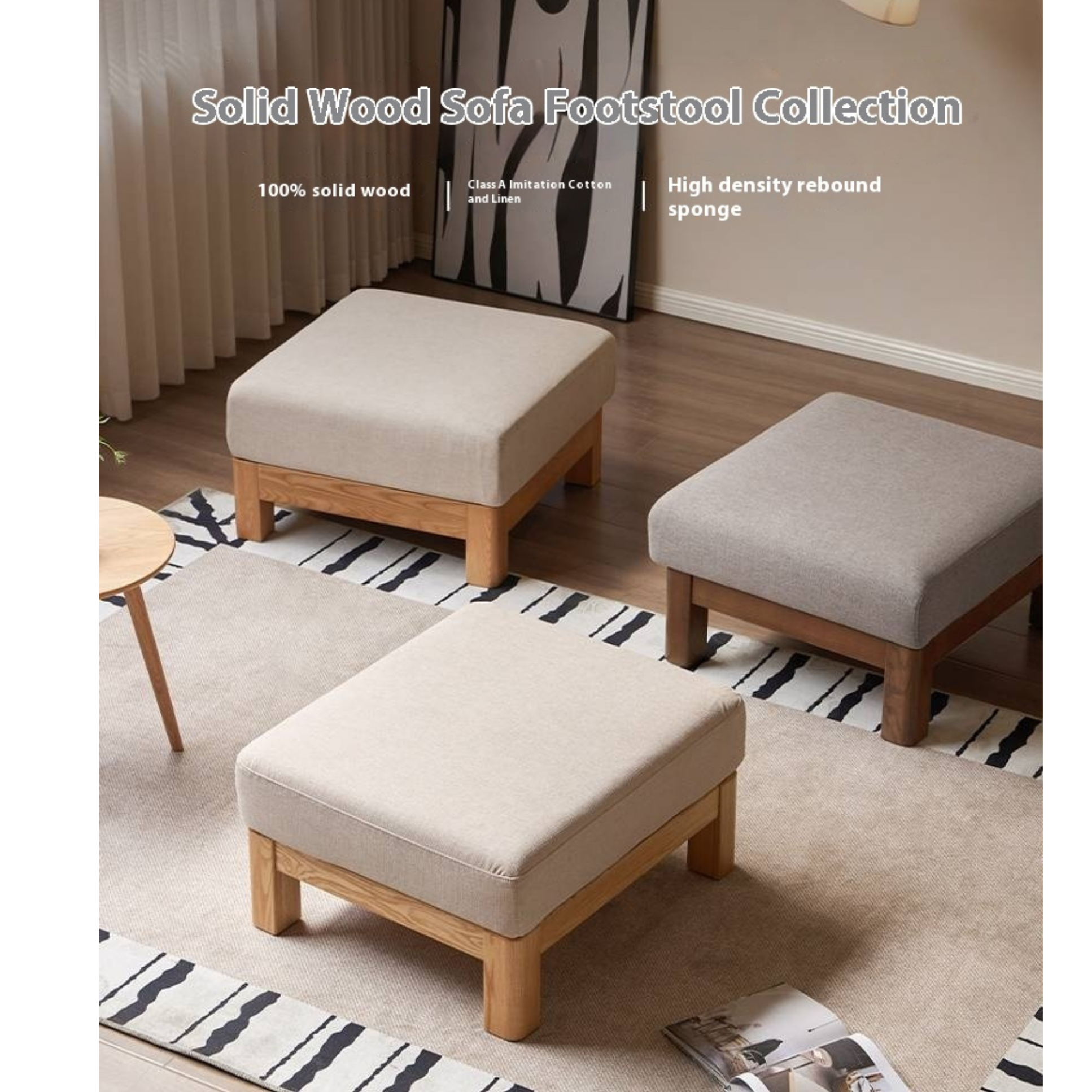 Black Walnut, Oak, Ash, Poplar Solid Wood Footstool Small Fabric Stool