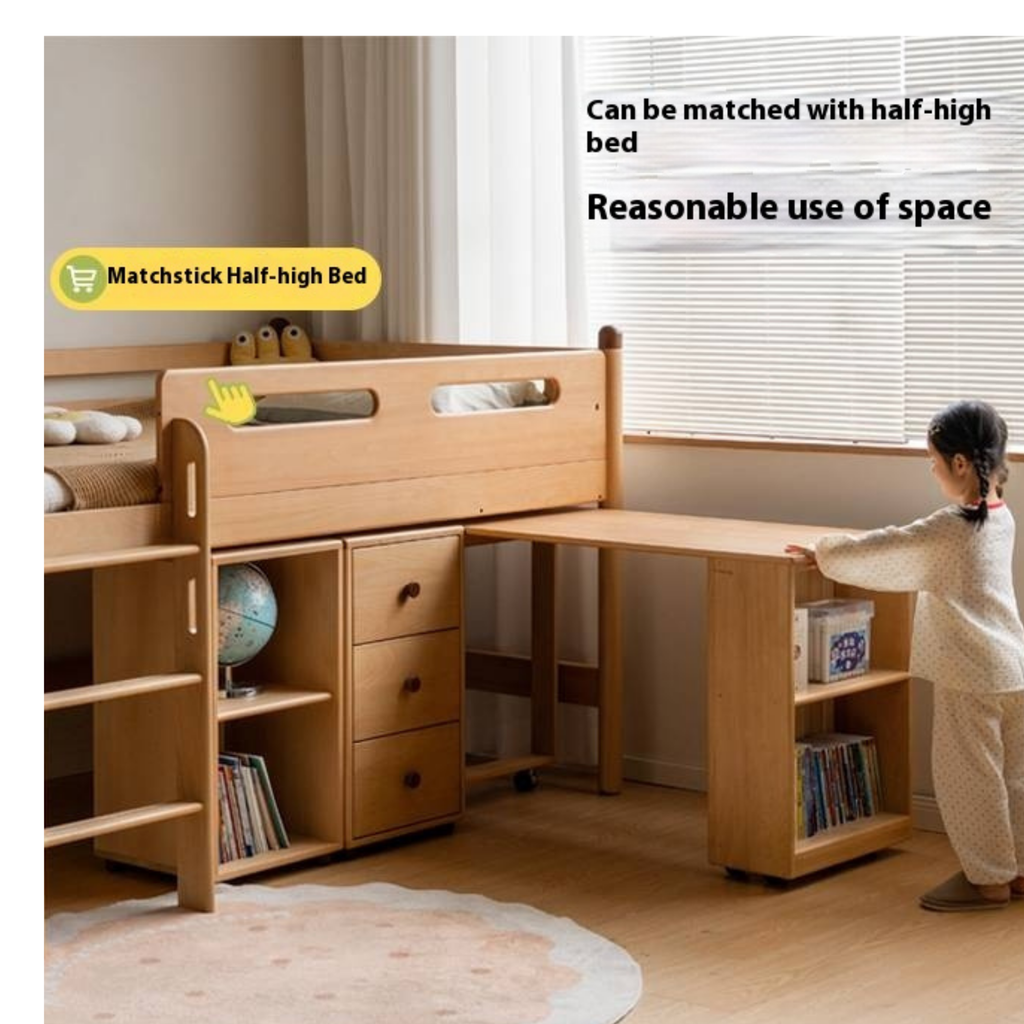 Beech Solid Wood Children's Desk with Pulleys Movable Storage