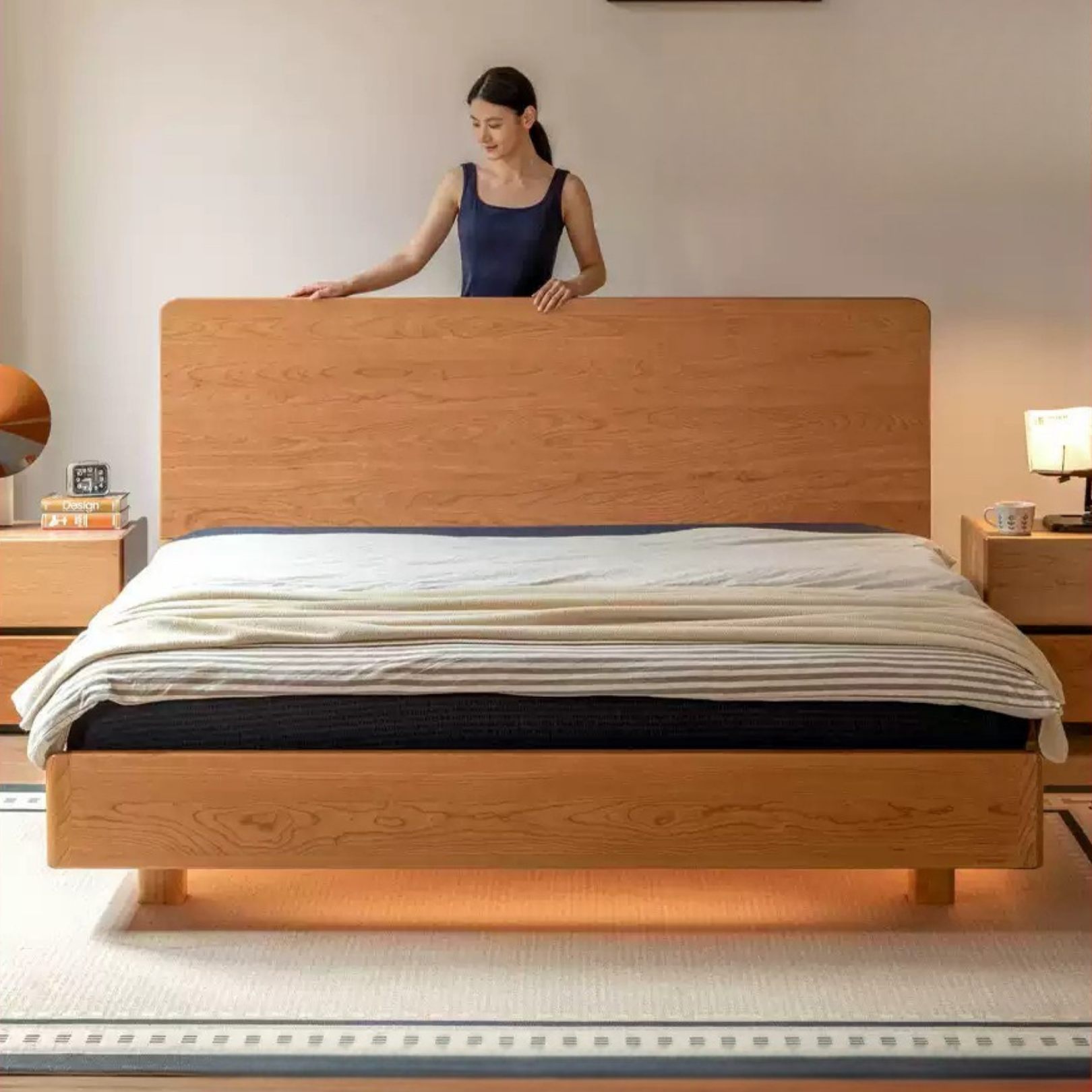 Cherry Solid Wood Modern Multifunctional Night Light Double Bed