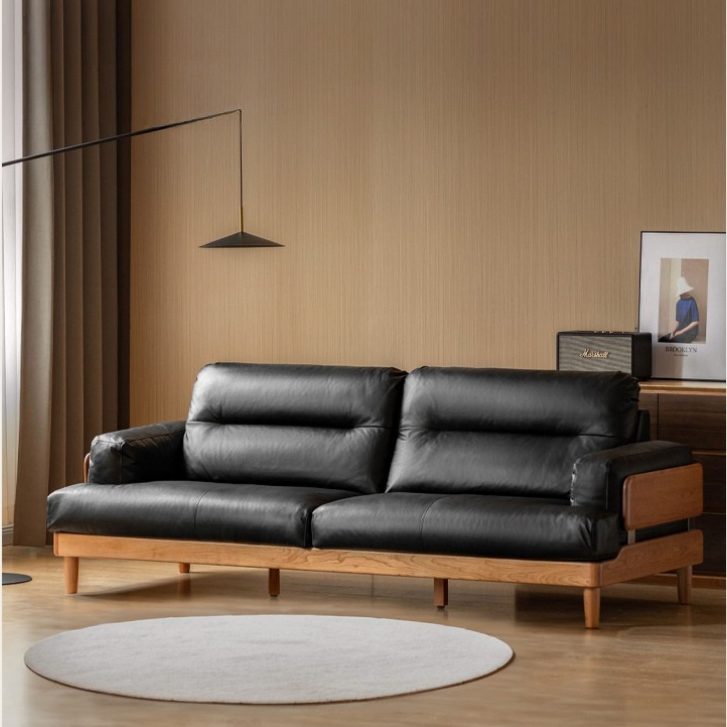 Cherry Solid Wood Modern Leather Sofa