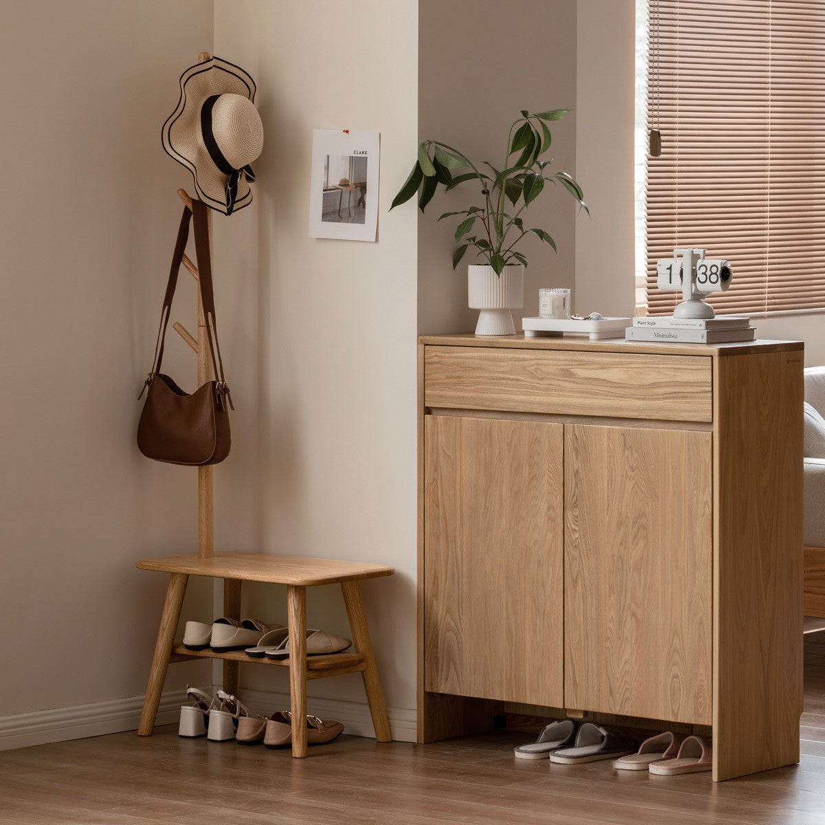 Oak Solid Wood Shoe Stool With Hanger Cabinet