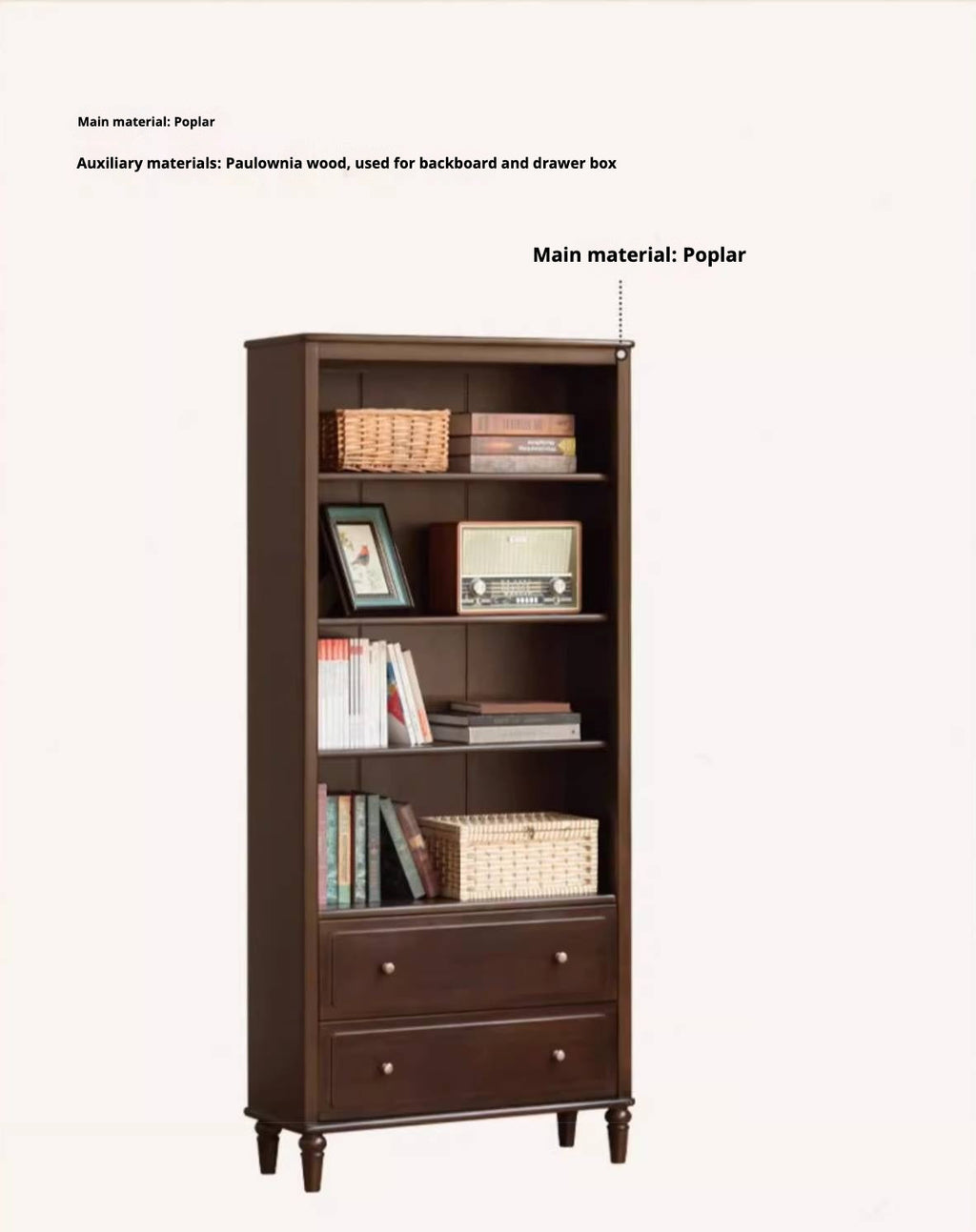 Poplar, Black Walnut Solid Wood American Style Bookcase