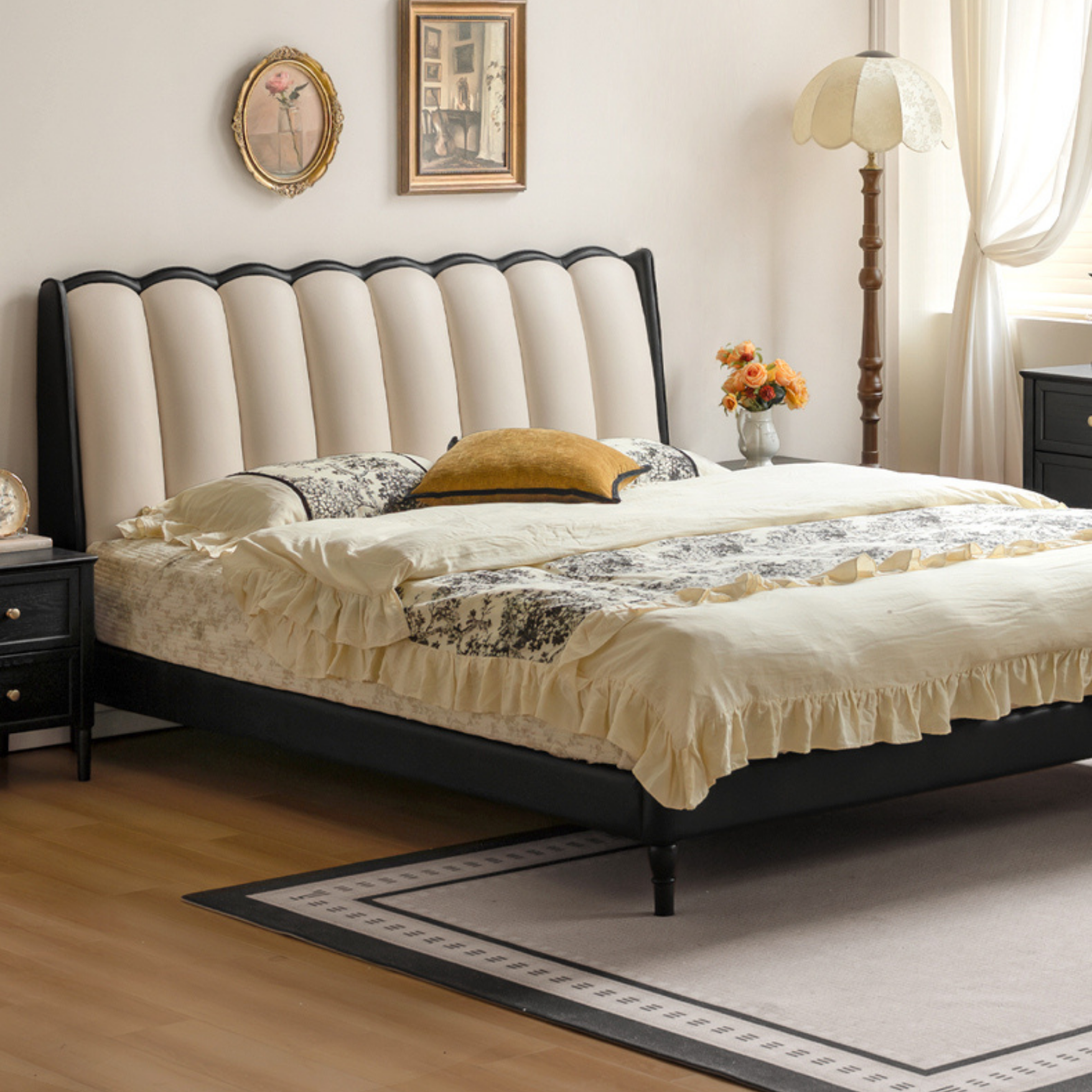 Ash Solid Wood Genuine Leather French Retro Art Bed