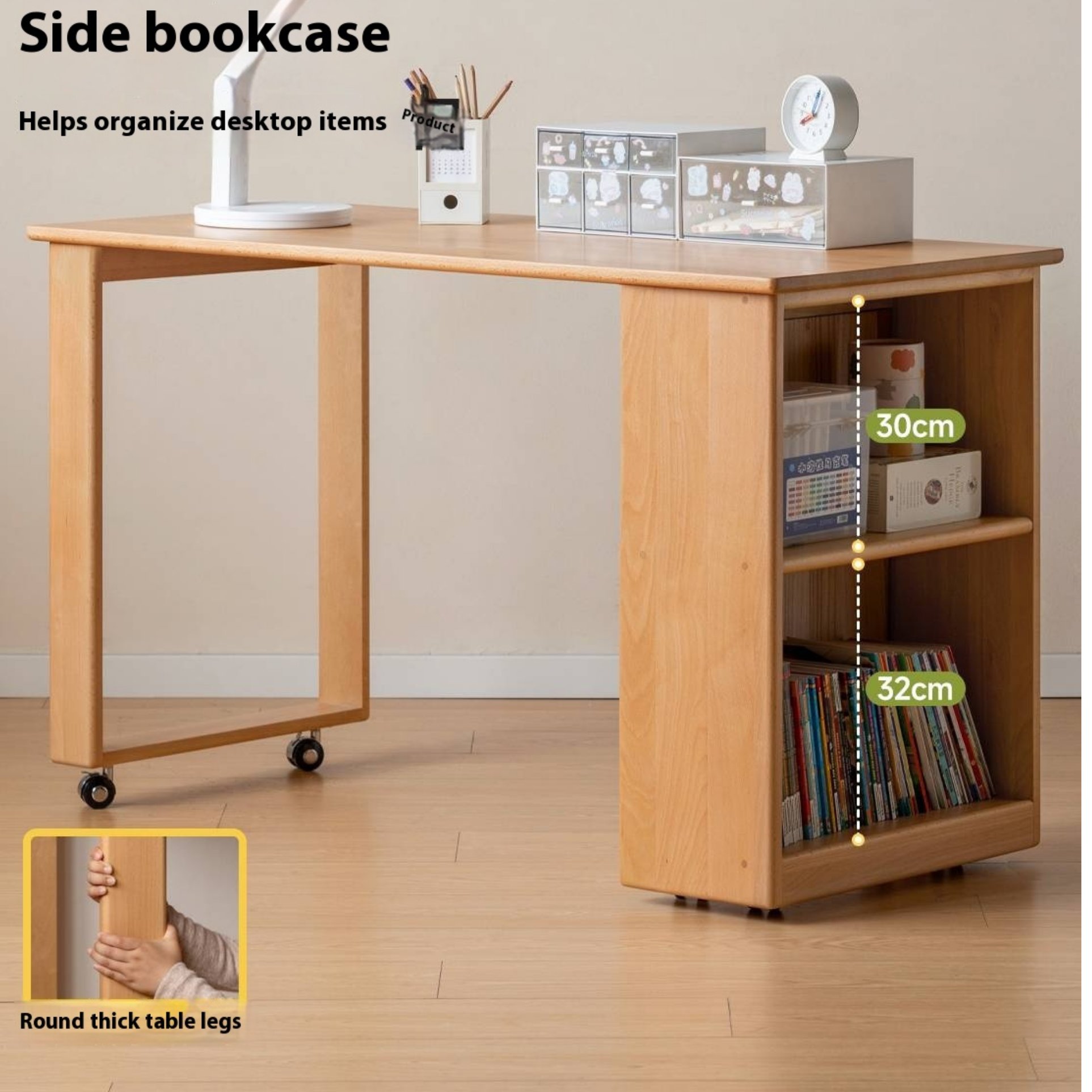 Beech Solid Wood Children's Desk with Pulleys Movable Storage