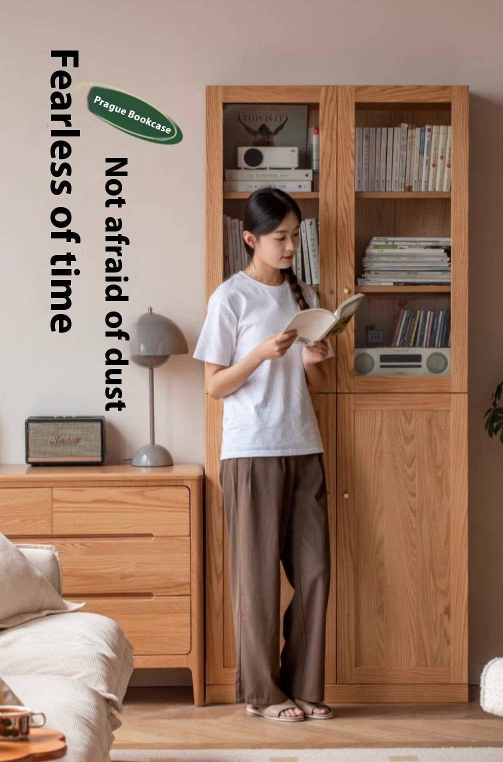 Oak, Rubberwood Solid Wood Bookcase With Glass Doors