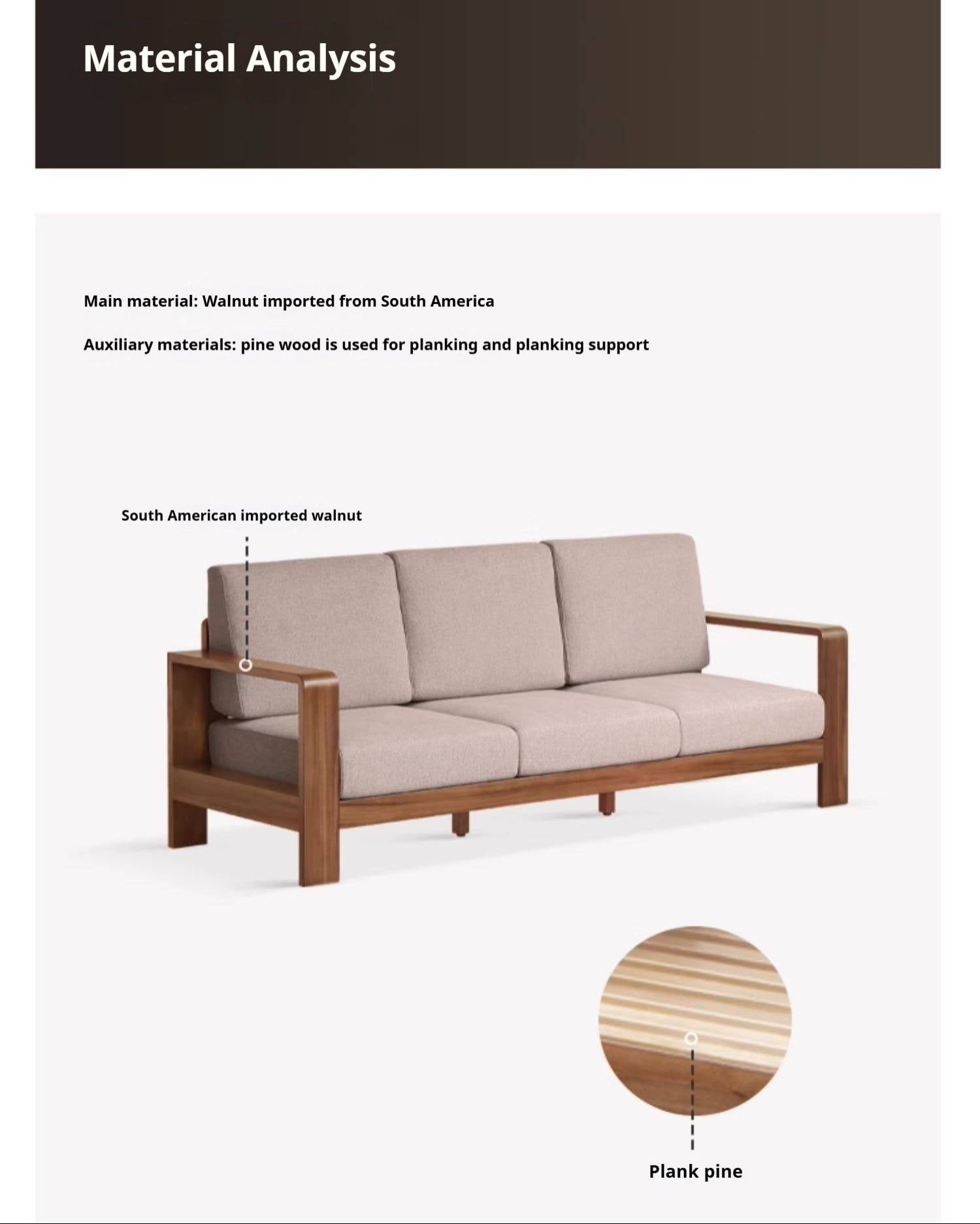 Walnut Solid Wood Three Seat Fabric Sofa
