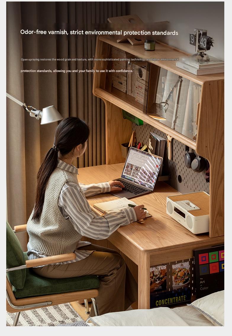 Oak Solid Wood Modern Computer Desk With Shelf