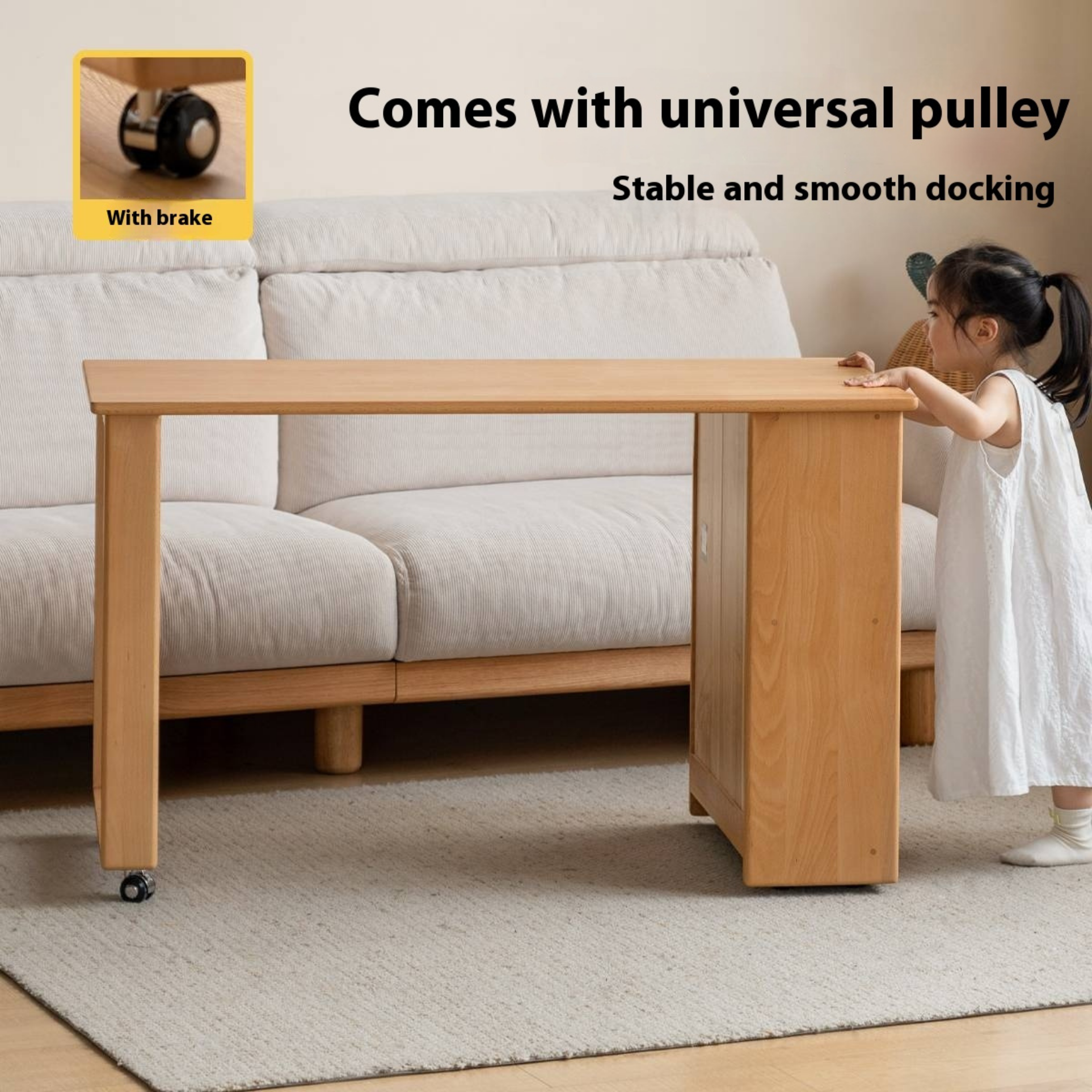 Beech Solid Wood Children's Desk with Pulleys Movable Storage