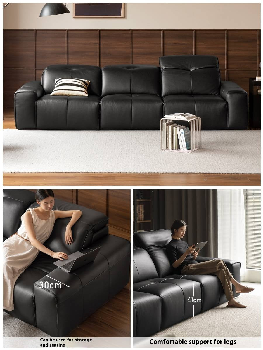 Leather Black High Back Straight Sofa