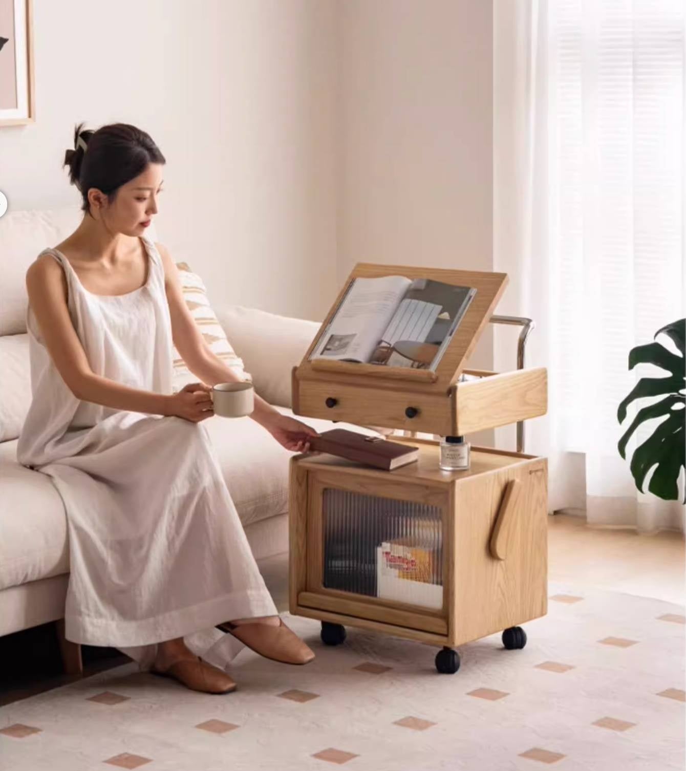 Ash Solid Wood Modern Style Mobile Side Table