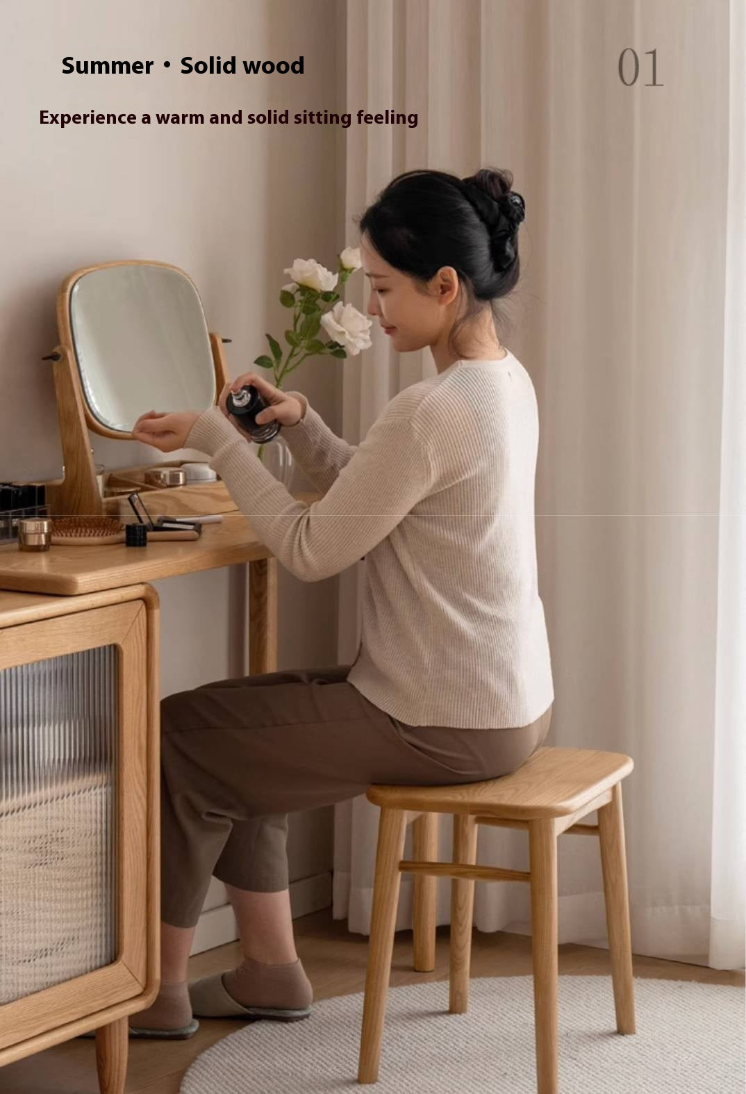 Ash Solid Wood Square Makeup Stool