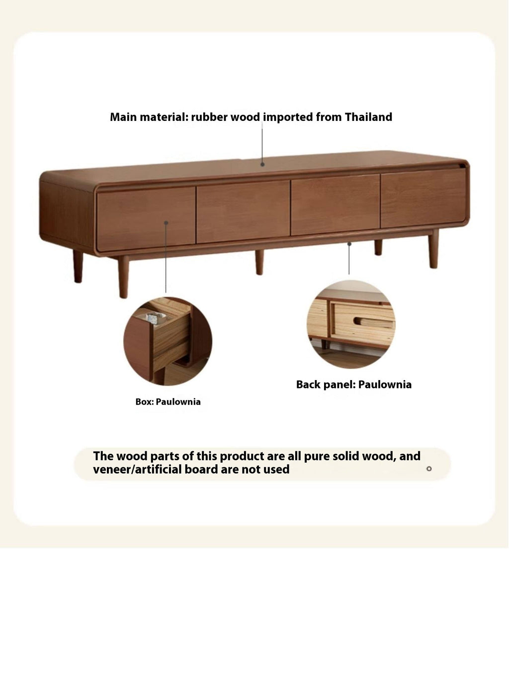 Solid Rubberwood, Oak Solid Wood Scandinavian TV Stand