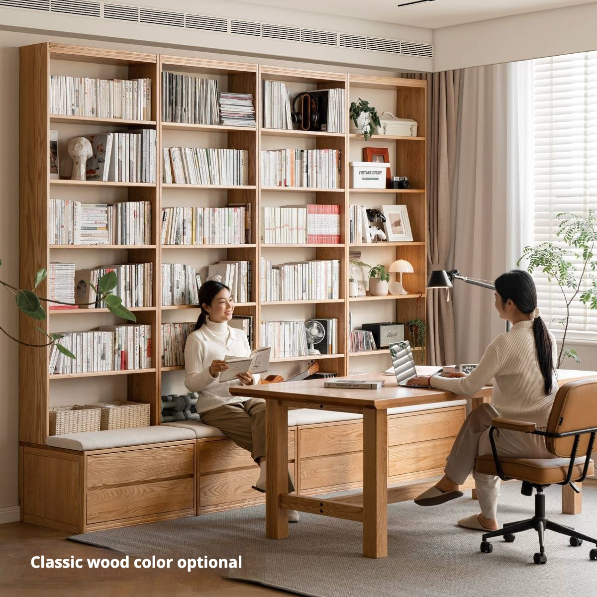 Oak Solid Wood Modern Minimalist Style Bookcase And Storage