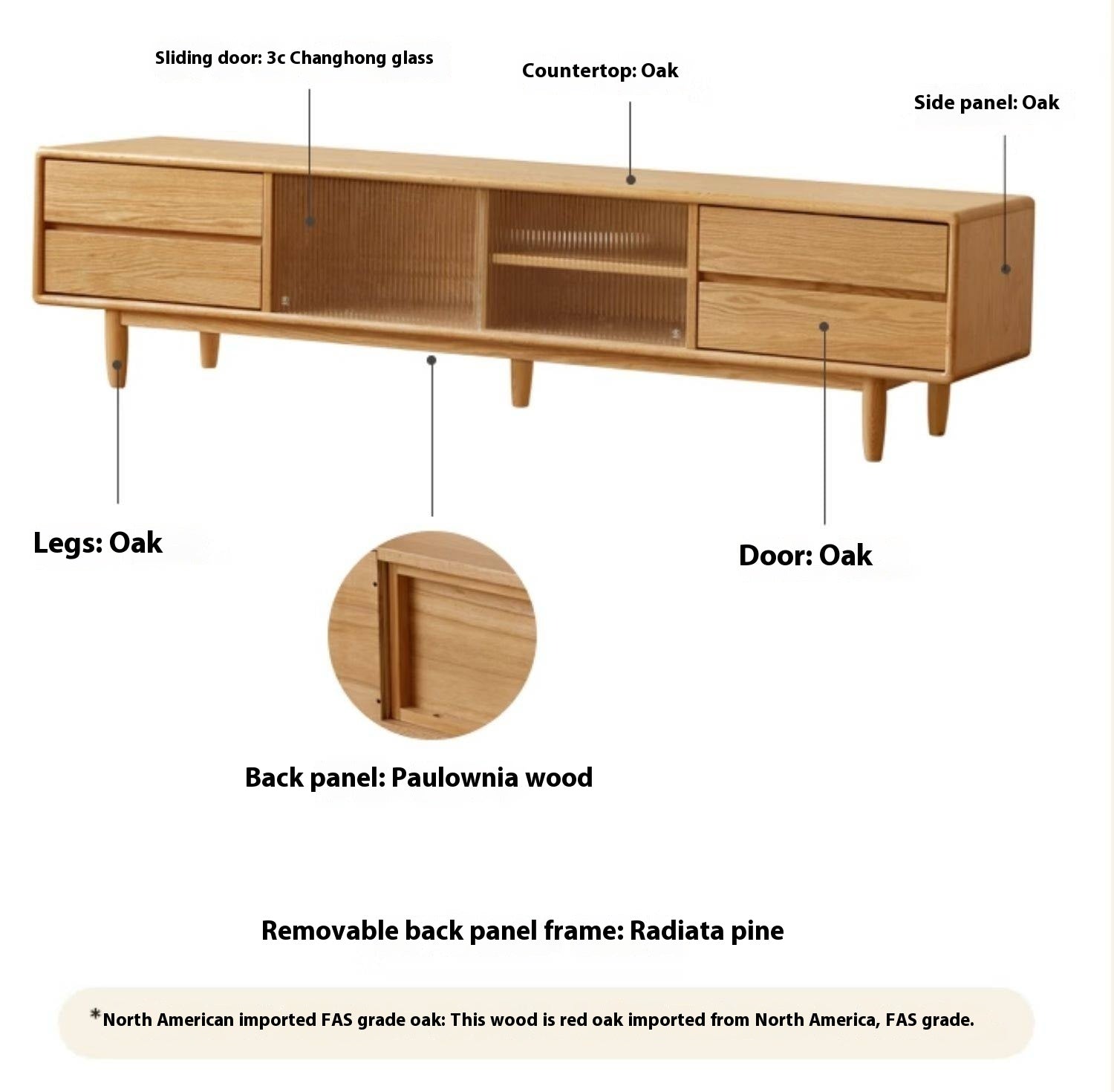 Solid Rubberwood, Oak Solid Wood Scandinavian TV Stand