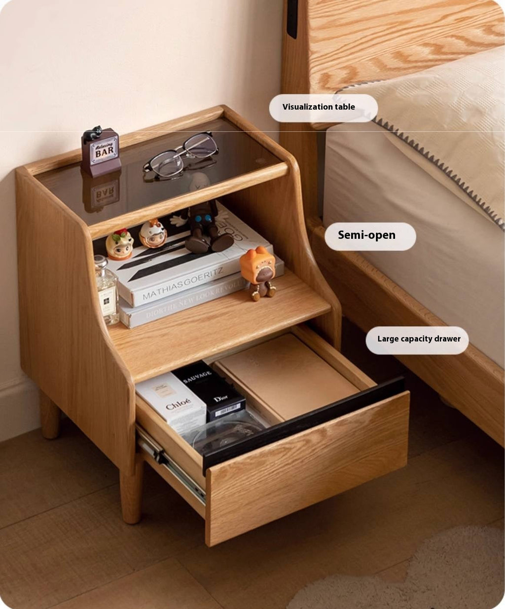 Rubberwood, Oak Solid Wood Log Style Nightstand