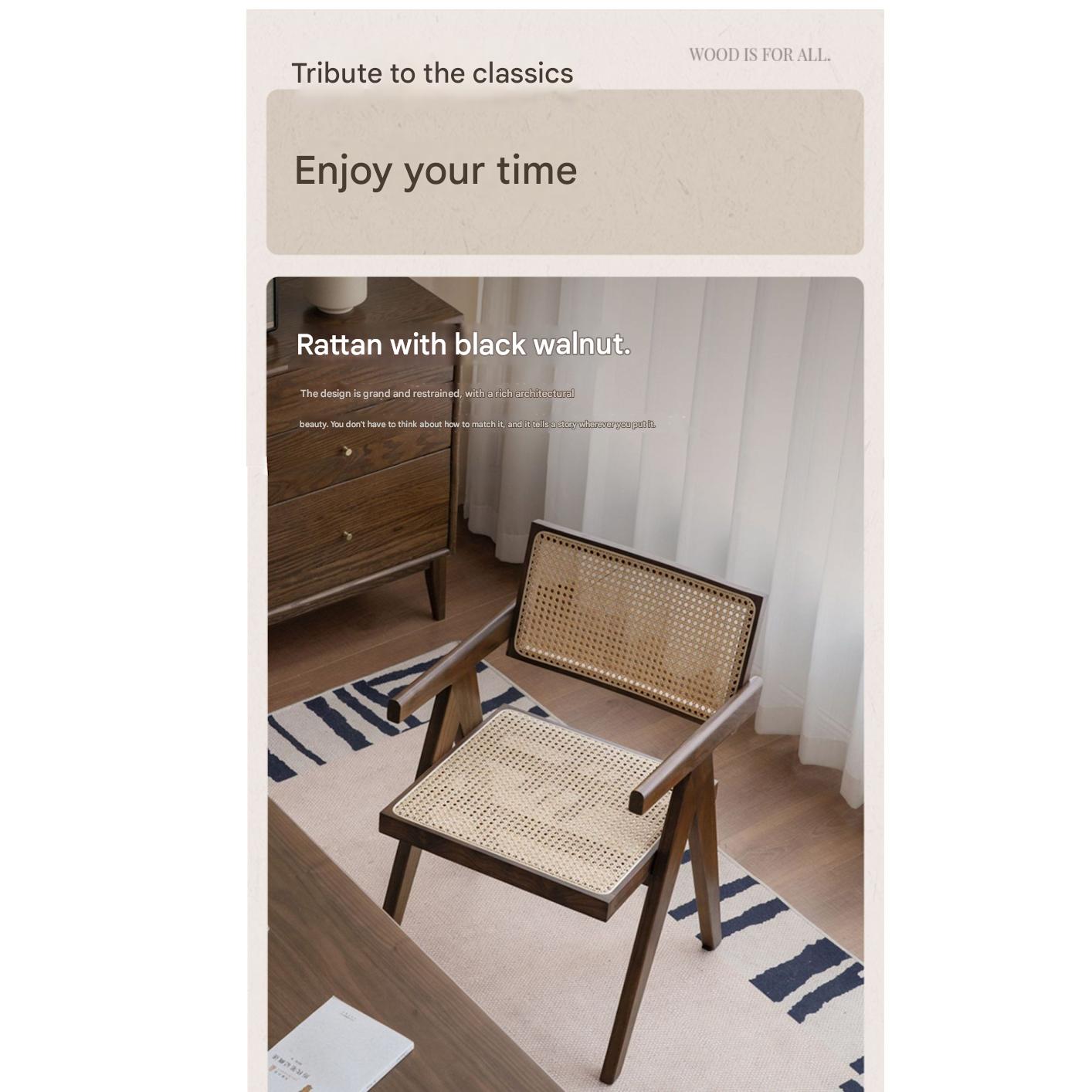 Black Walnut Solid Wood Wabi-Sabi Style Rattan Chair