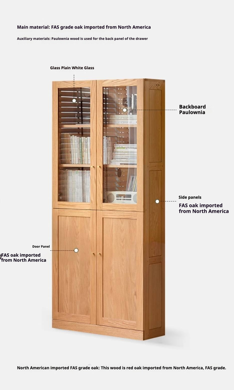 Oak, Rubberwood Solid Wood Bookcase With Glass Doors