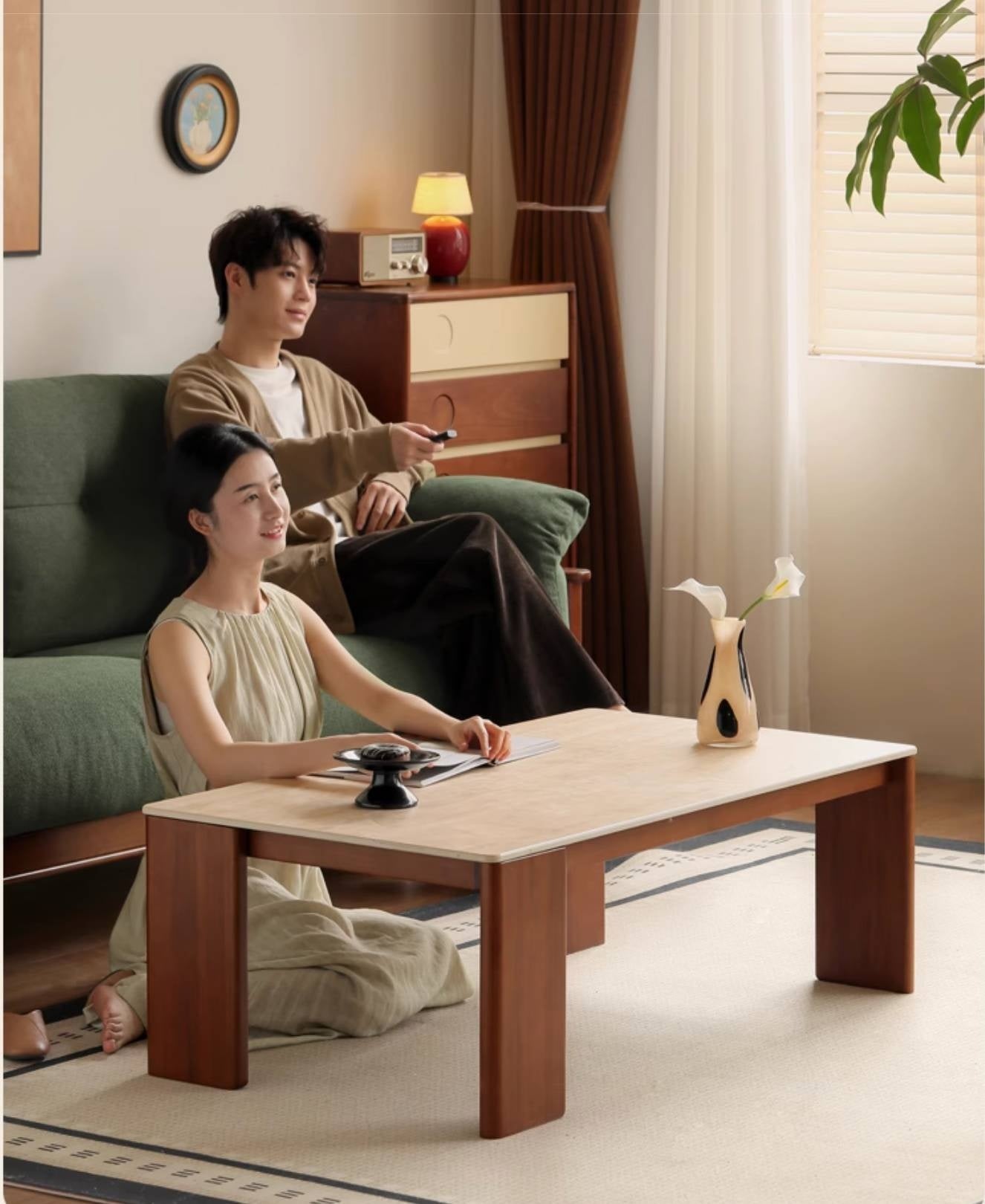 Poplar Solid Wood Medieval Style Rock Plate Coffee Table