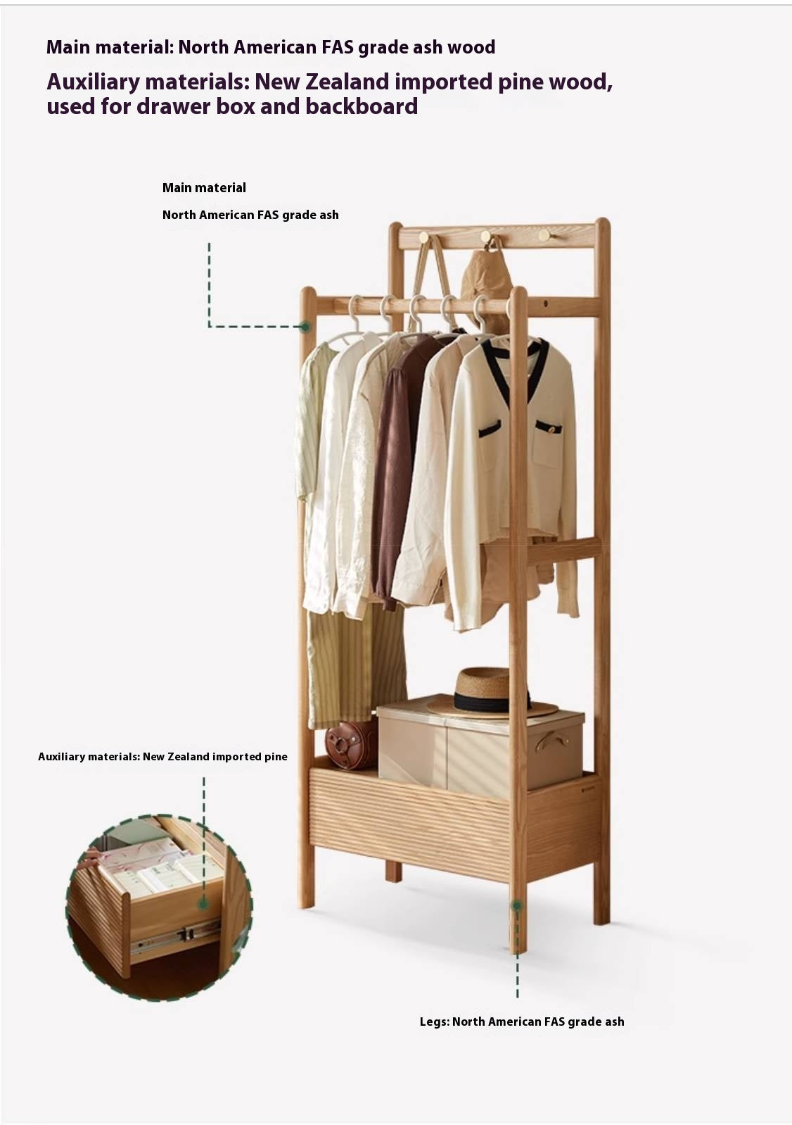 Ash Solid Wood Modern Style Hanger With Storage