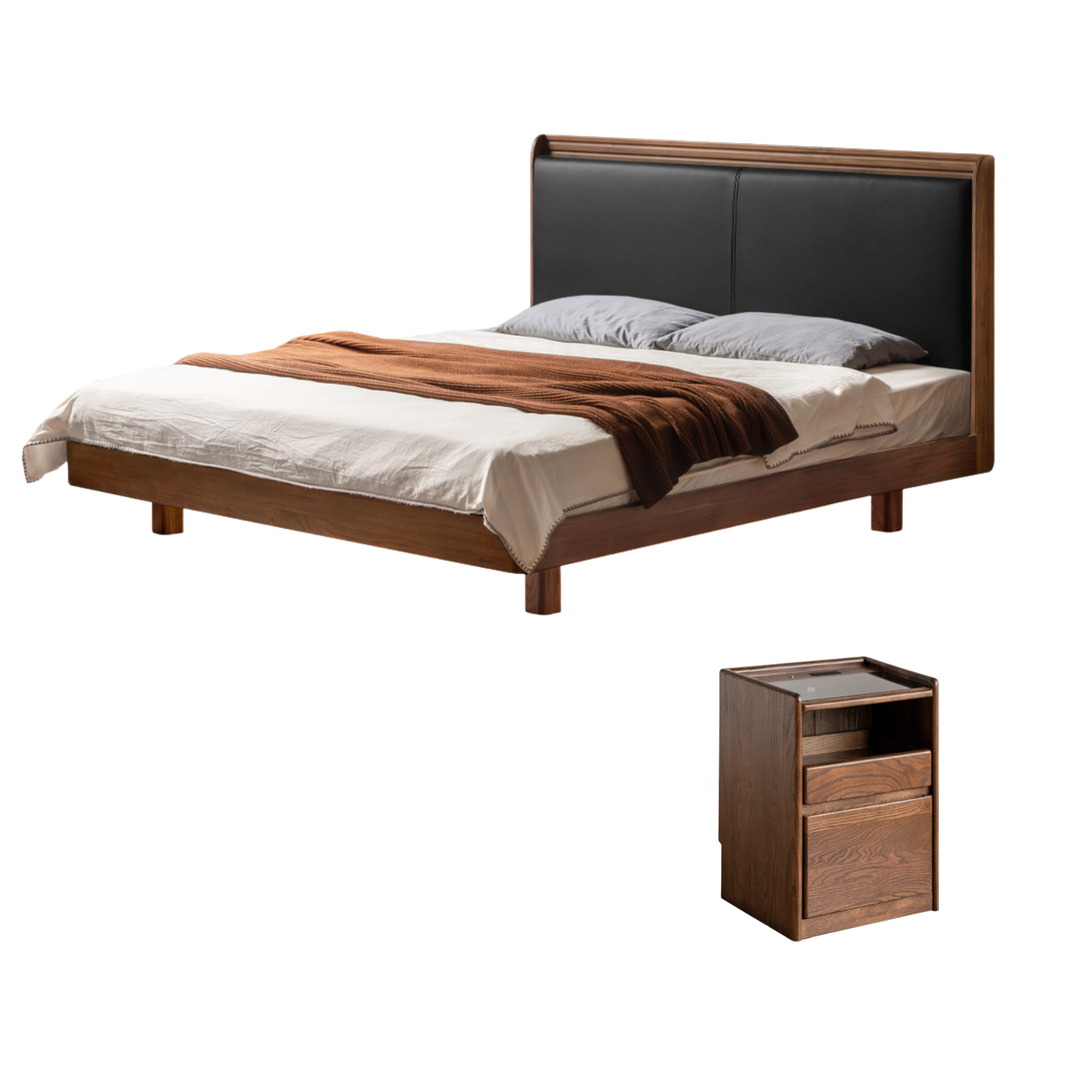 Black Walnut Solid Wood  Luxury Leather With Light Bed
