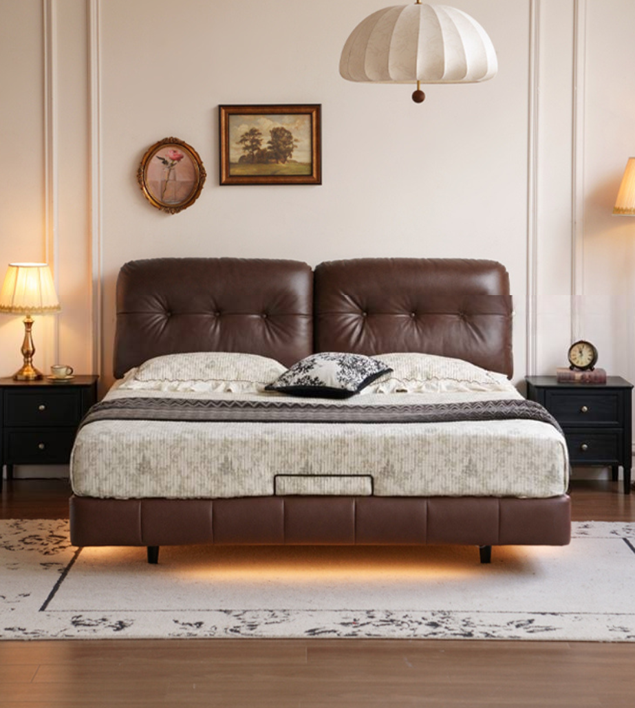 Leather American Retro Bed With Light