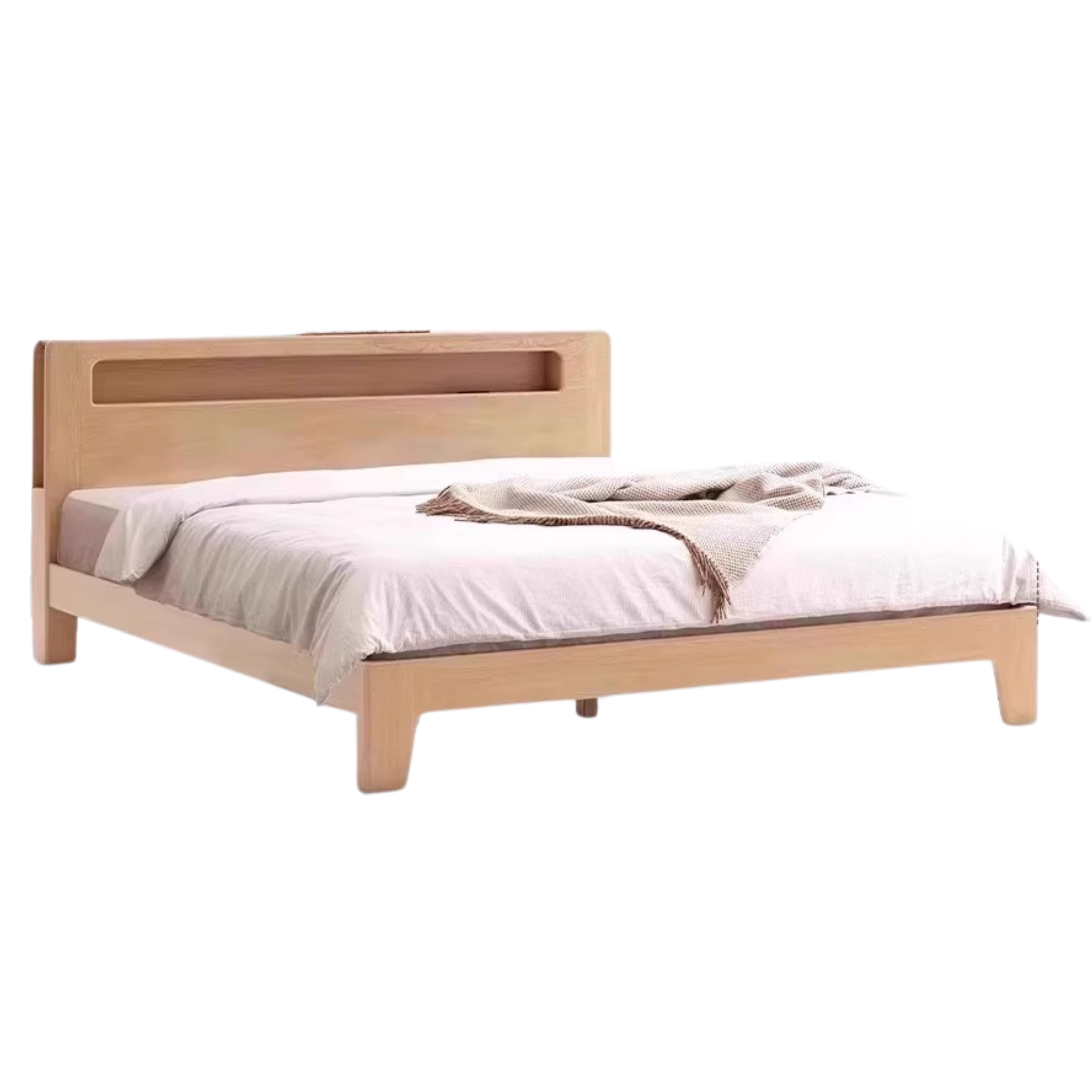 Oak solid wood bed with light and bookshelf