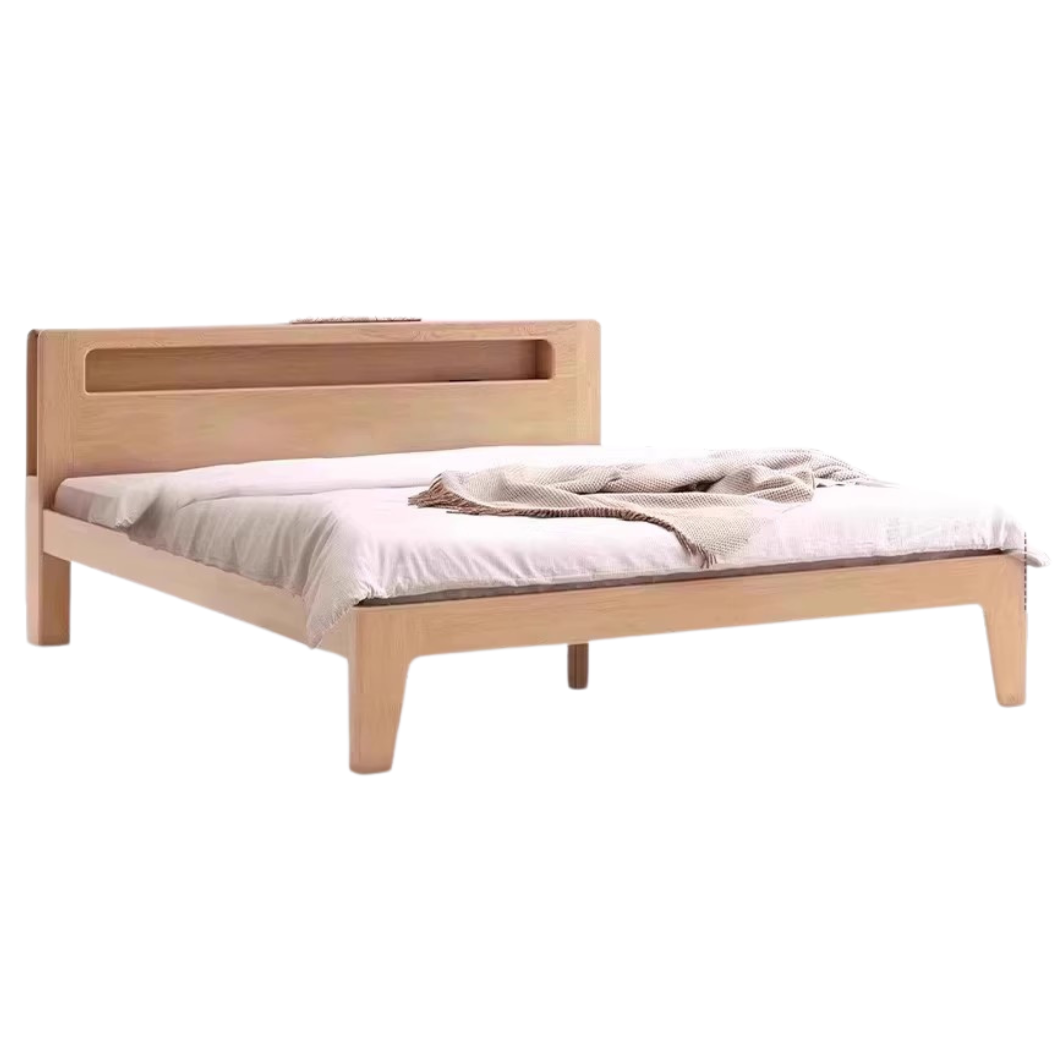 Oak solid wood bed with light and bookshelf