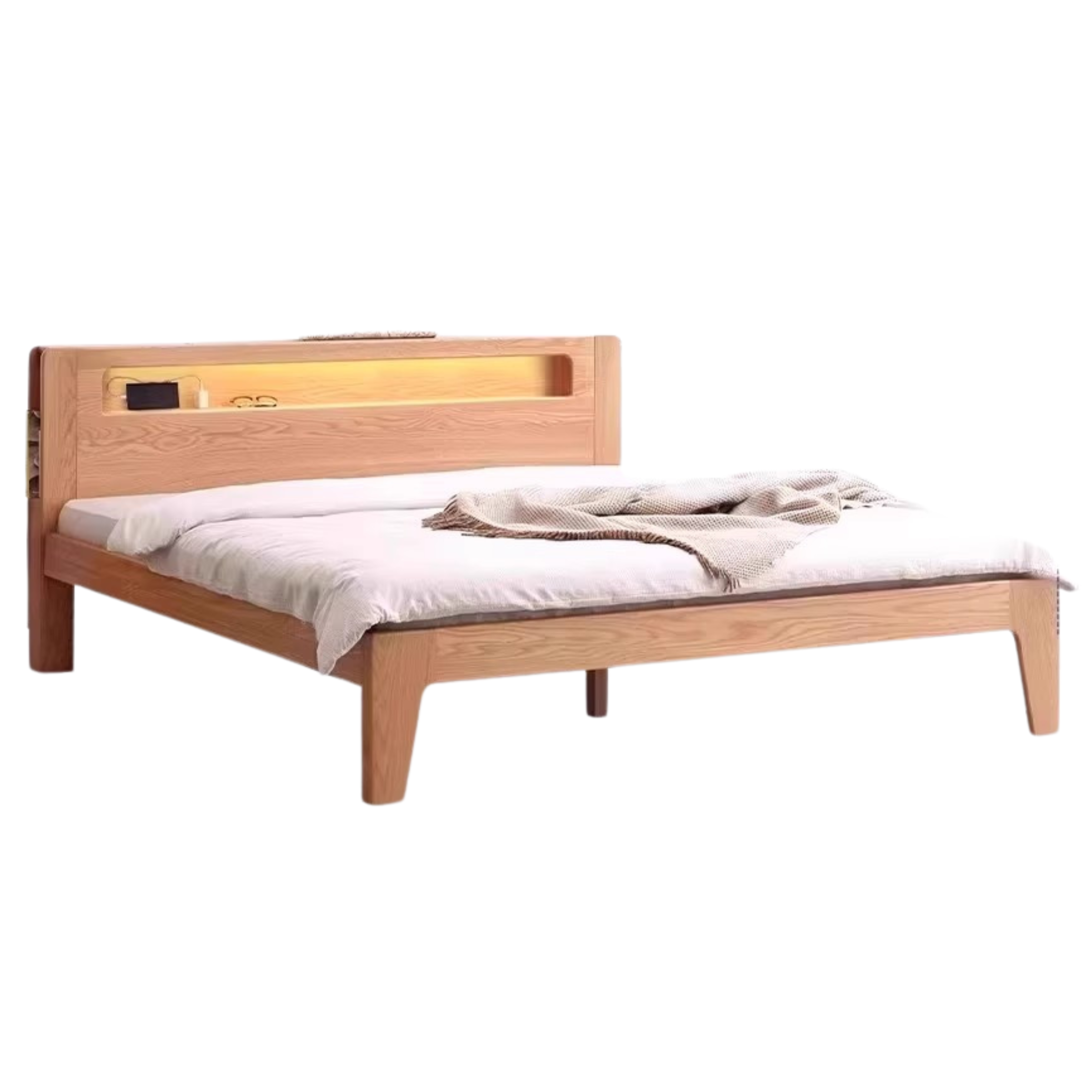 Oak solid wood bed with light and bookshelf